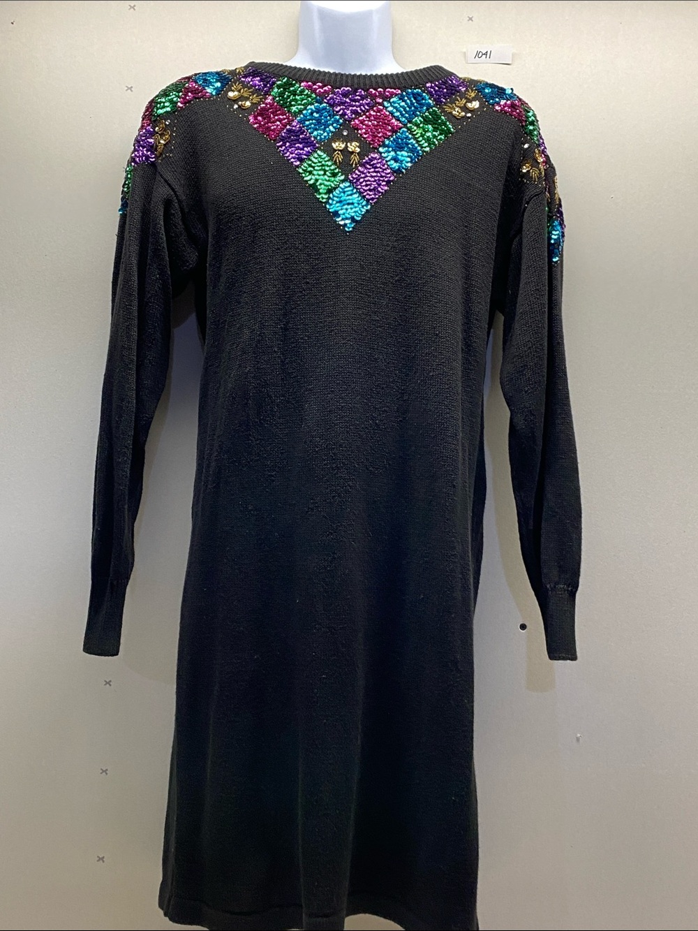 Vintage Bonnie Evans Black Knit Sequin Sweater Dress Multicolor Diamond